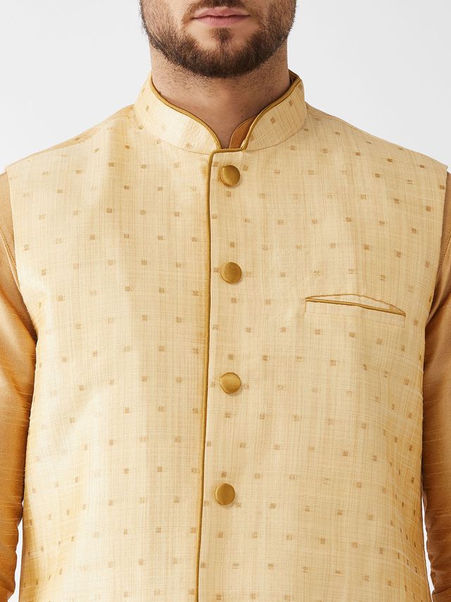Men's Rose Gold Silk Blend Straight Jacket  Kurta and Dhoti Set