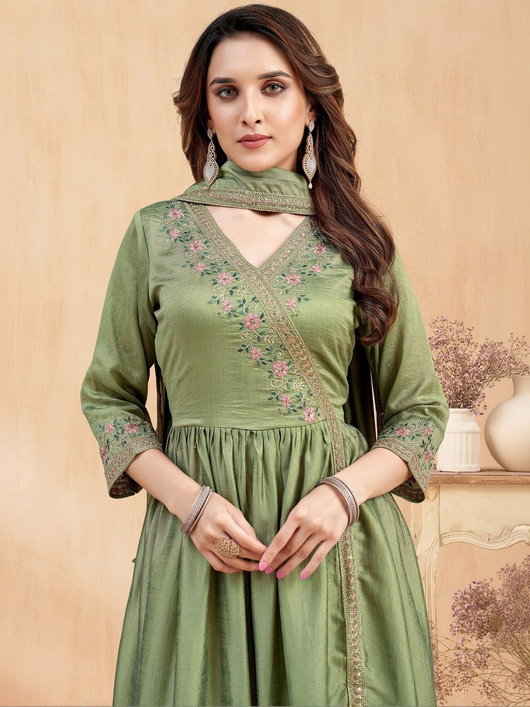 Embroidered Round Neck Kurta & Palazzos With Dupatta