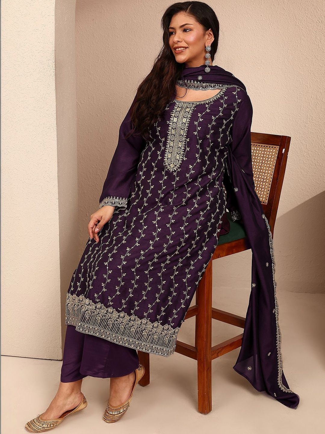 Dhiyona Women's Ethnic Motifs Embroidered Regular Thread Work Kurta with Palazzos & With Dupatta
