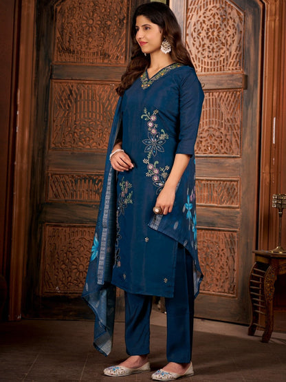 Quirky Embroidered Silk Blend V-Neck Kurti & Trousers With Dupatta