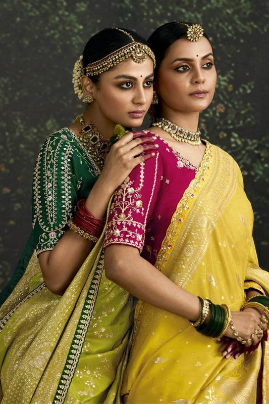 Dhiyona KM Women Green Banarasi Dola Silk Saree With Embellished Blouse