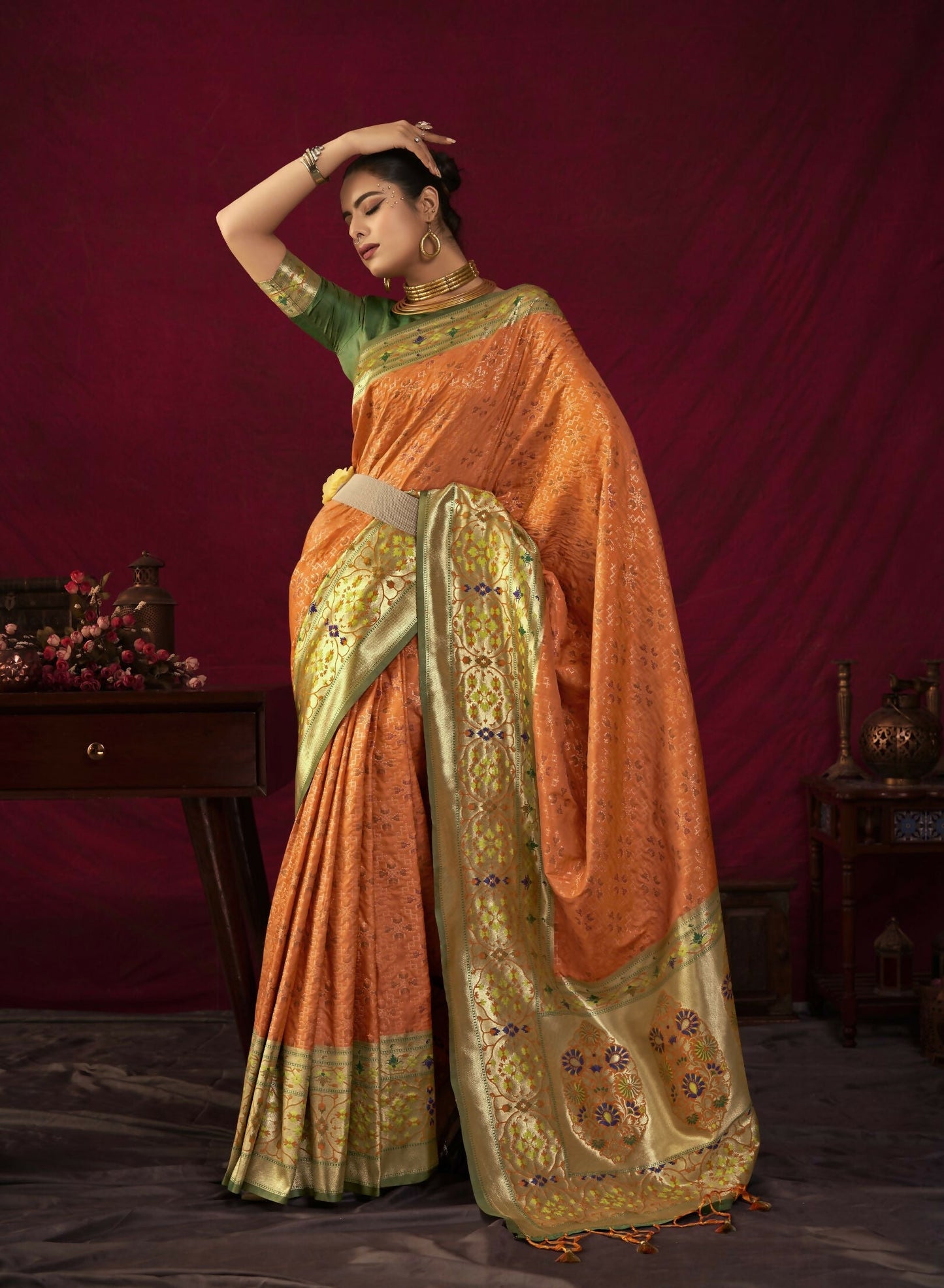 Women Paithani Bansi Orange Saree With Unstiched Blouse