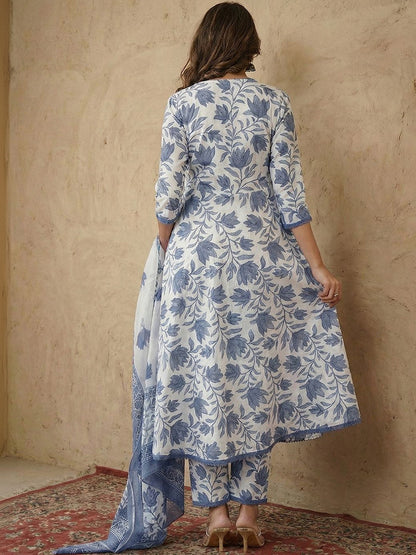 Printed V-Neck Kurta & Trousers With Dupatta