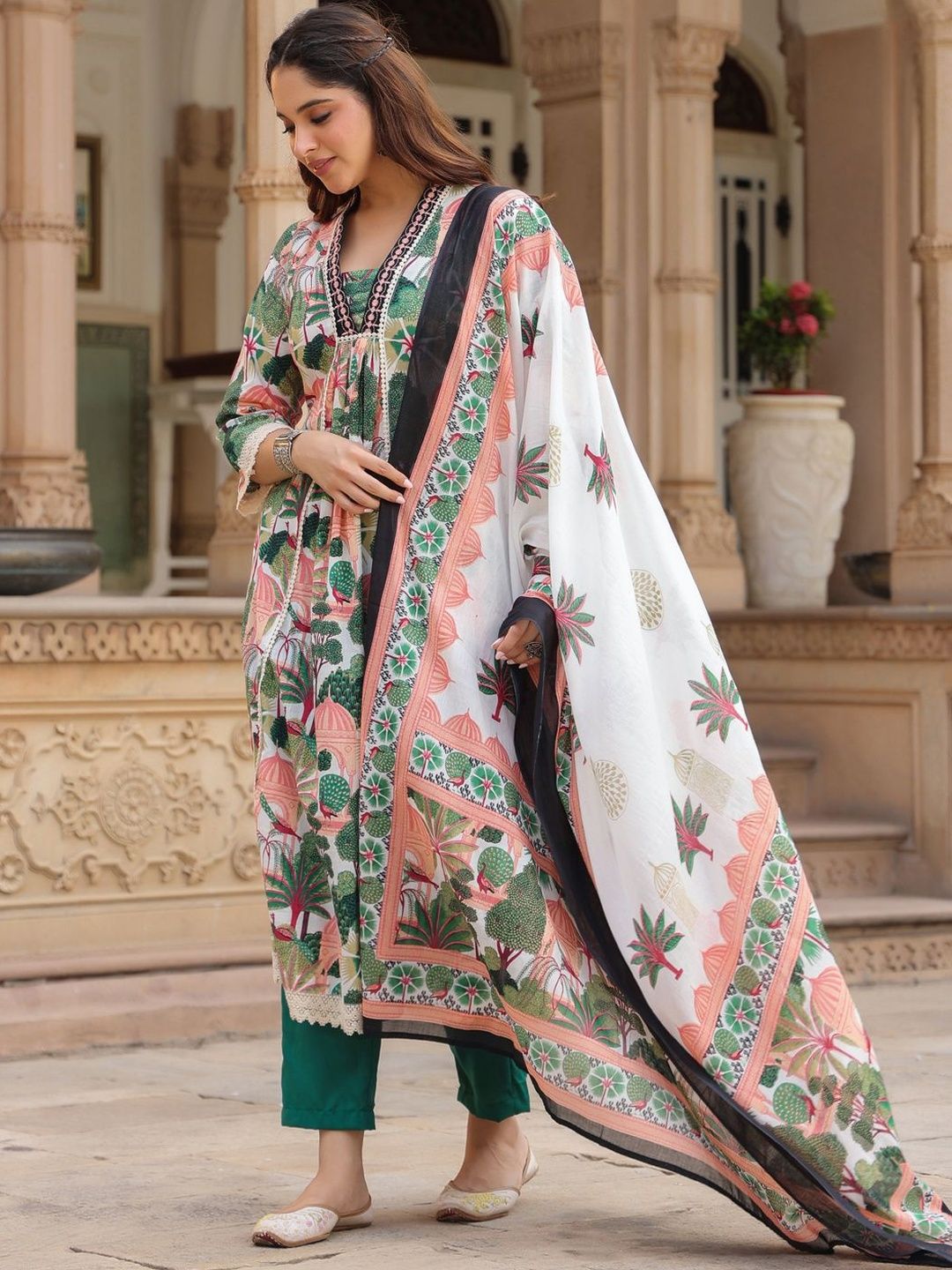 Dhiyona RR Women's Floral Printed Cotton Anarkali Kurta with Trousers & Dupatta