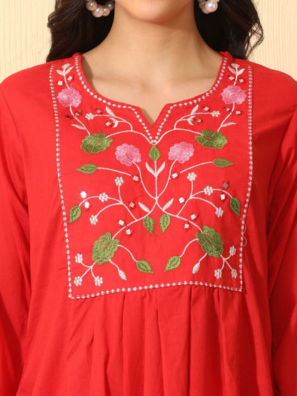Women Floral Embroidered Empire Mirror Work Pure Cotton Kurta with Trousers & With Dupatta