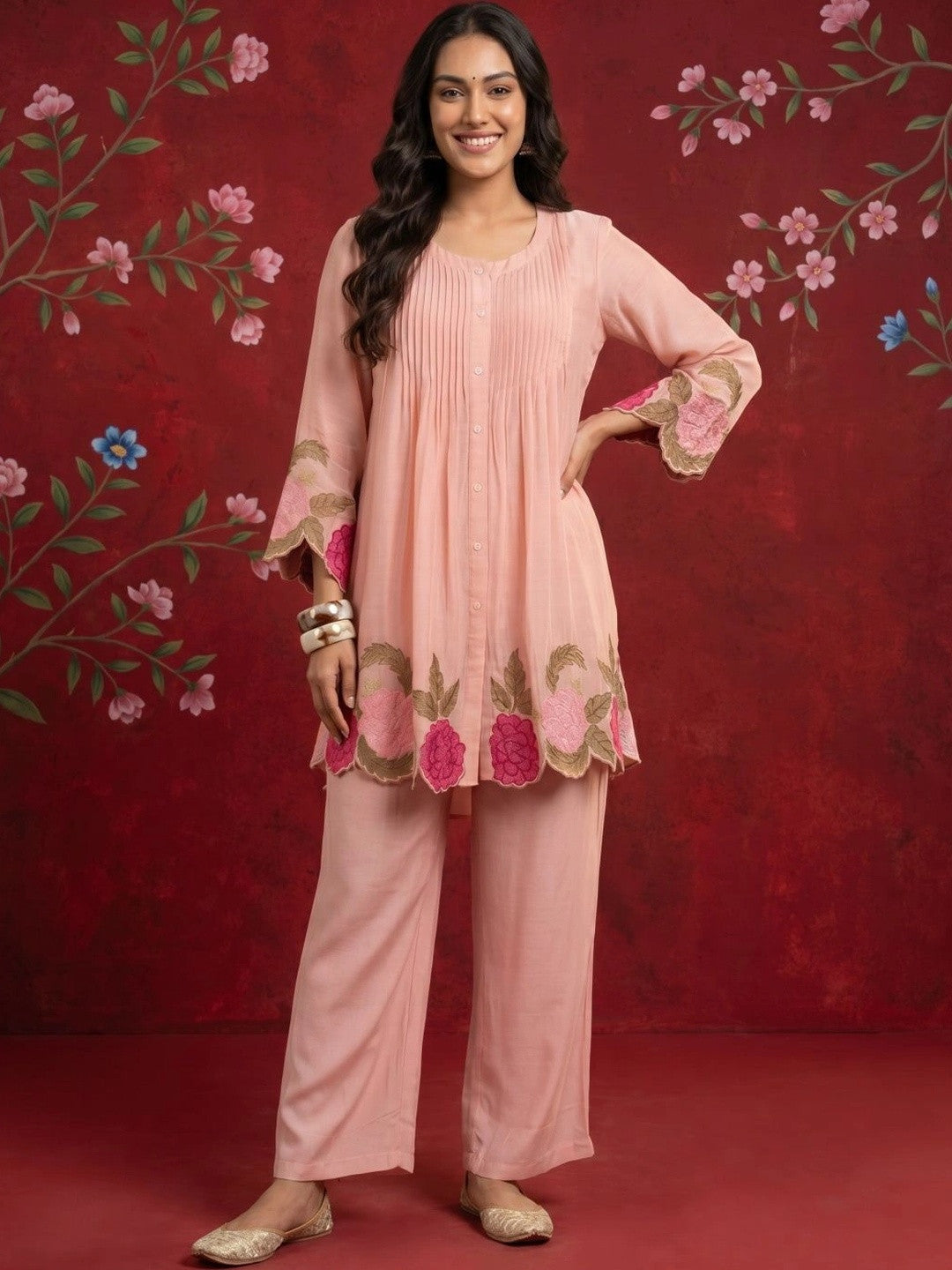 Women Floral Embroidered Pleated Thread Work Pure Silk Kurti with Trousers