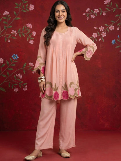 Women Floral Embroidered Pleated Thread Work Pure Silk Kurti with Trousers