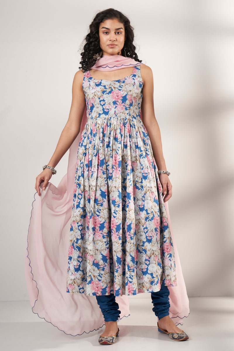 Women's Blue Premium Cotton Printed Kurta With Light Rose Pink Organza Dupatta