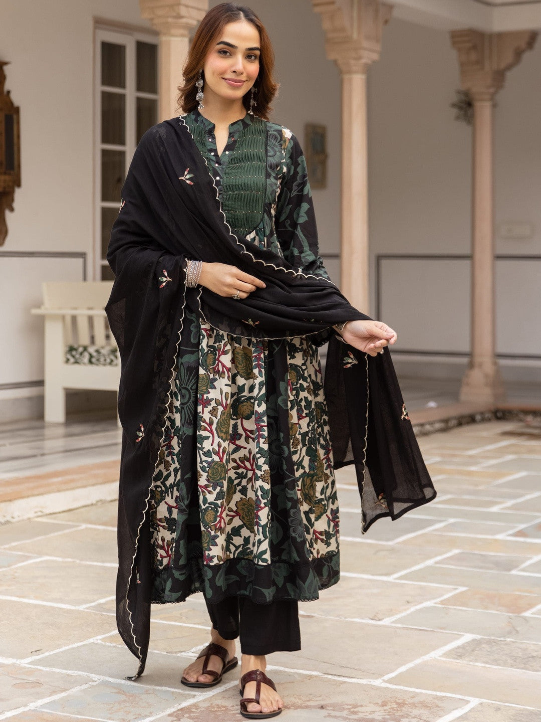 Printed Pure Cotton A-Line Kurta With Trousers & Dupatta