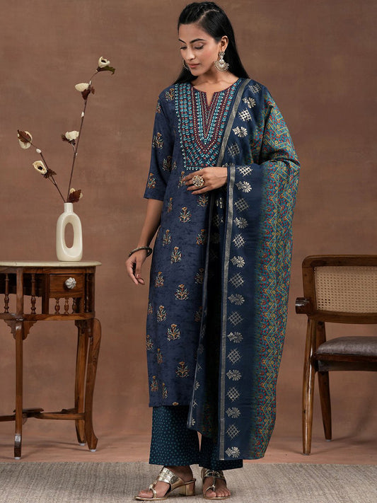 Floral Printed Thread Work Straight Kurta With Palazzos & Dupatta