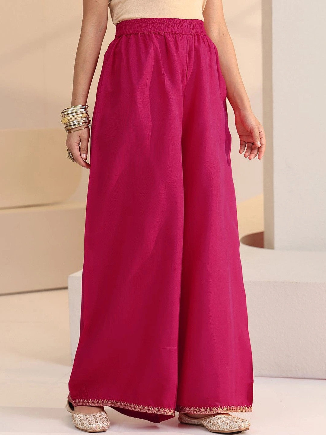 Rani Pink Woven Design Silk Blend Palazzo Suit Set