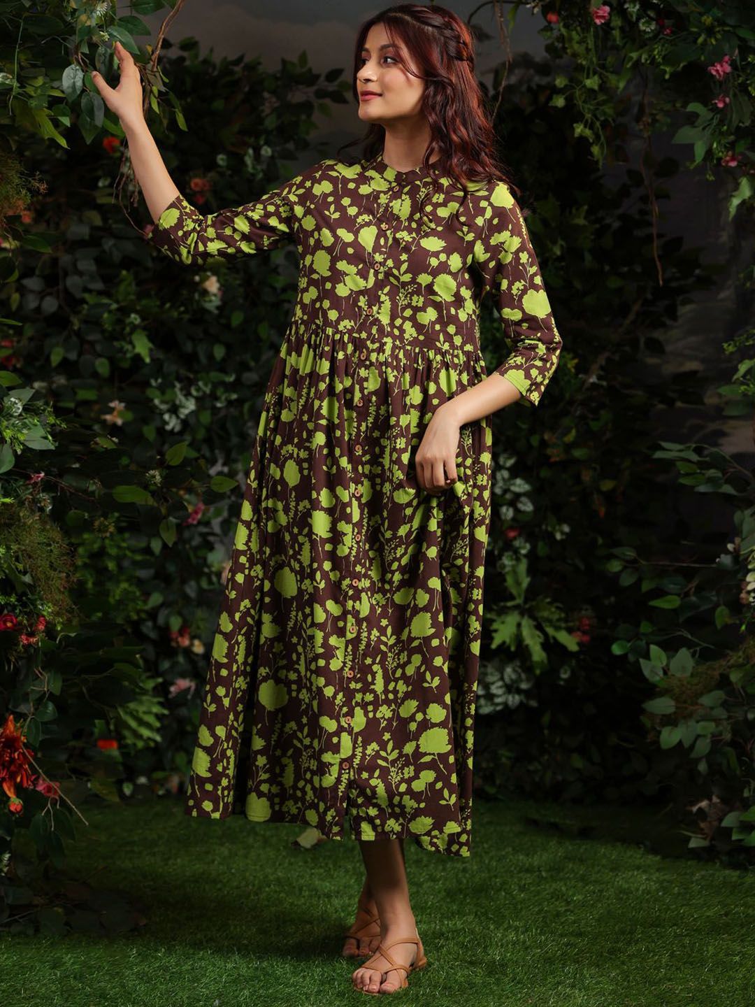 Dhiyona AY Women's Floral Printed Cotton Mandarin Collar Maxi Ethnic Dresses