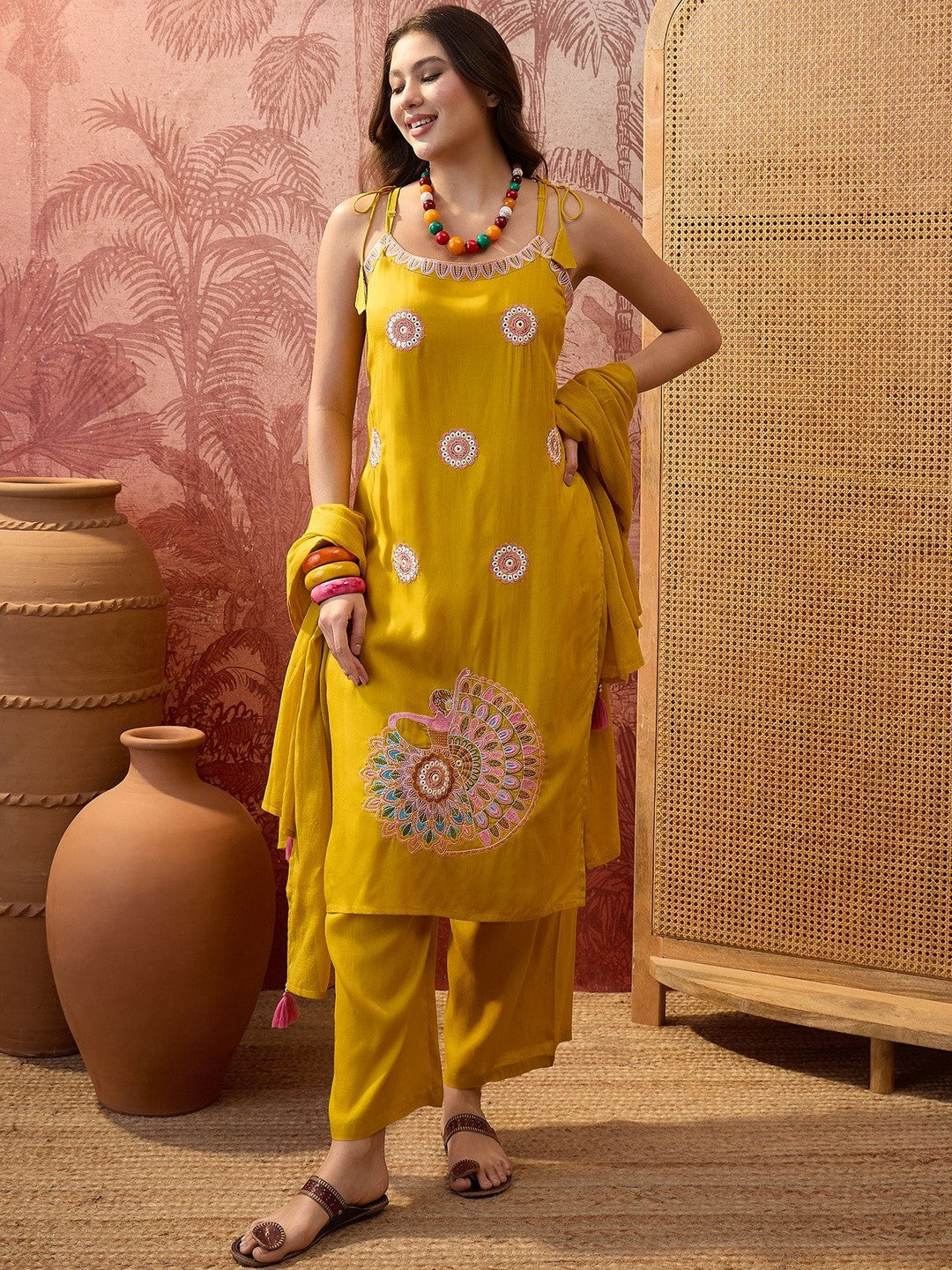 Embroidered Pure Cotton Shoulder Straps Kurta & Trousers With Dupatta