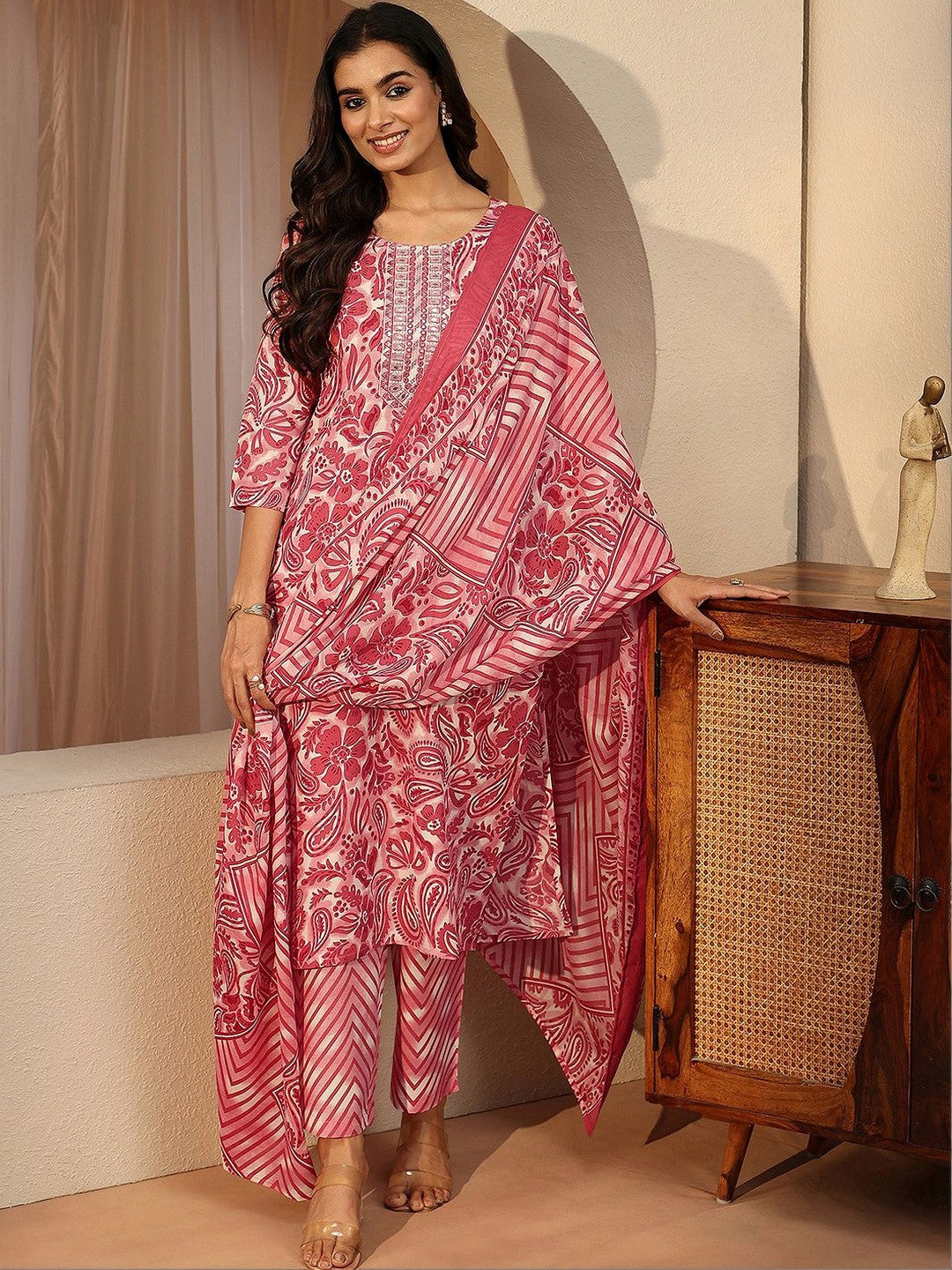 Red Paisley Printed Cotton Straight Suit Set