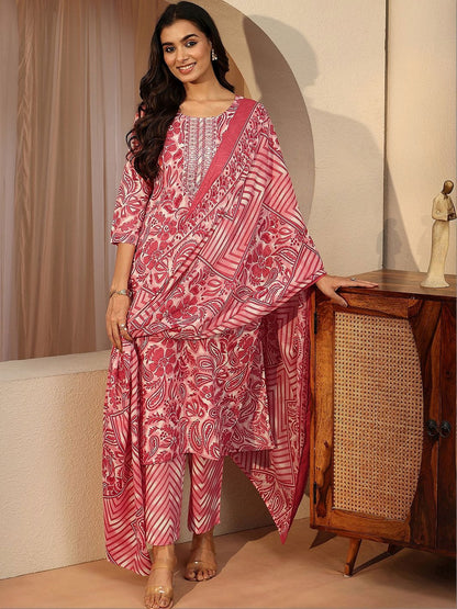 Red Paisley Printed Cotton Straight Suit Set