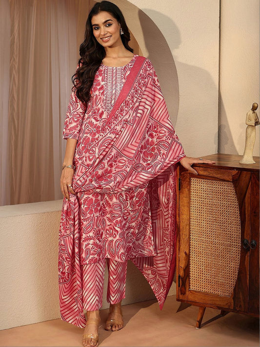 Red Paisley Printed Cotton Straight Suit Set