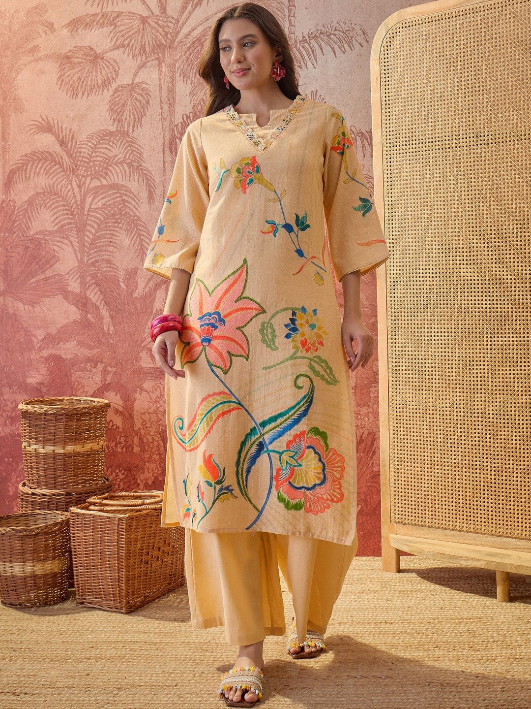 Printed Pure Cotton Keyhole Neck Kurta & Trousers With Dupatta