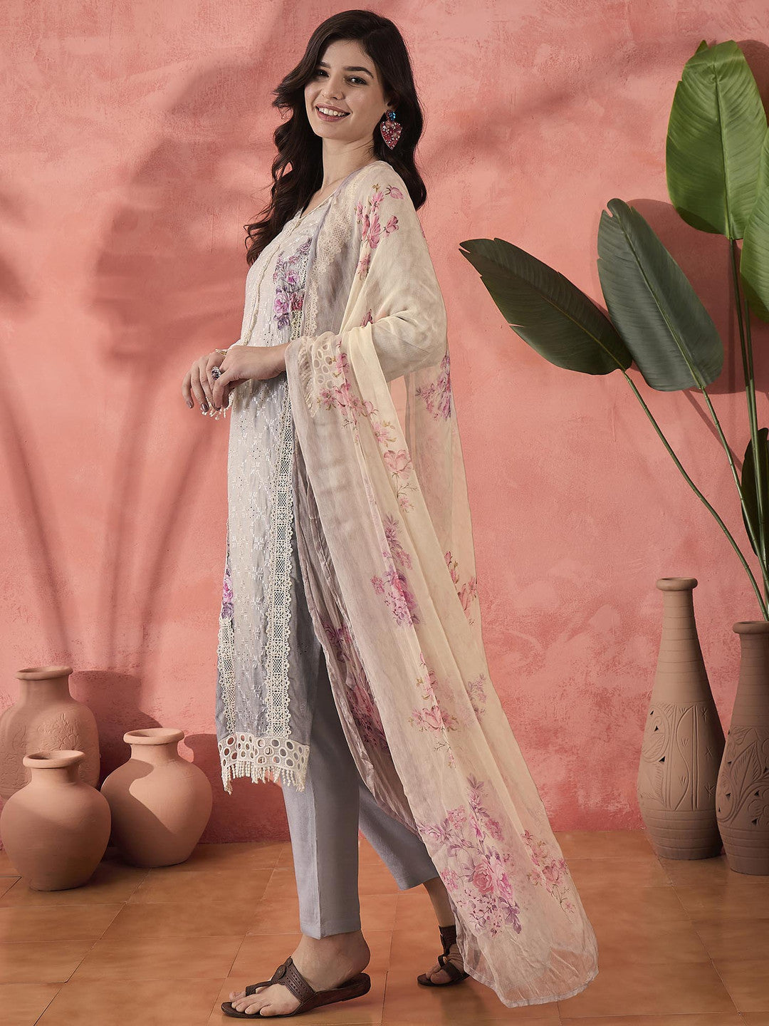 Grey Floral Printed V-Neck Kurta With Trousers And Dupatta