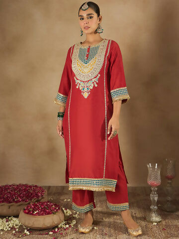 Women's Red Embroidered Straight Kurta Trousers With Dupatta Set