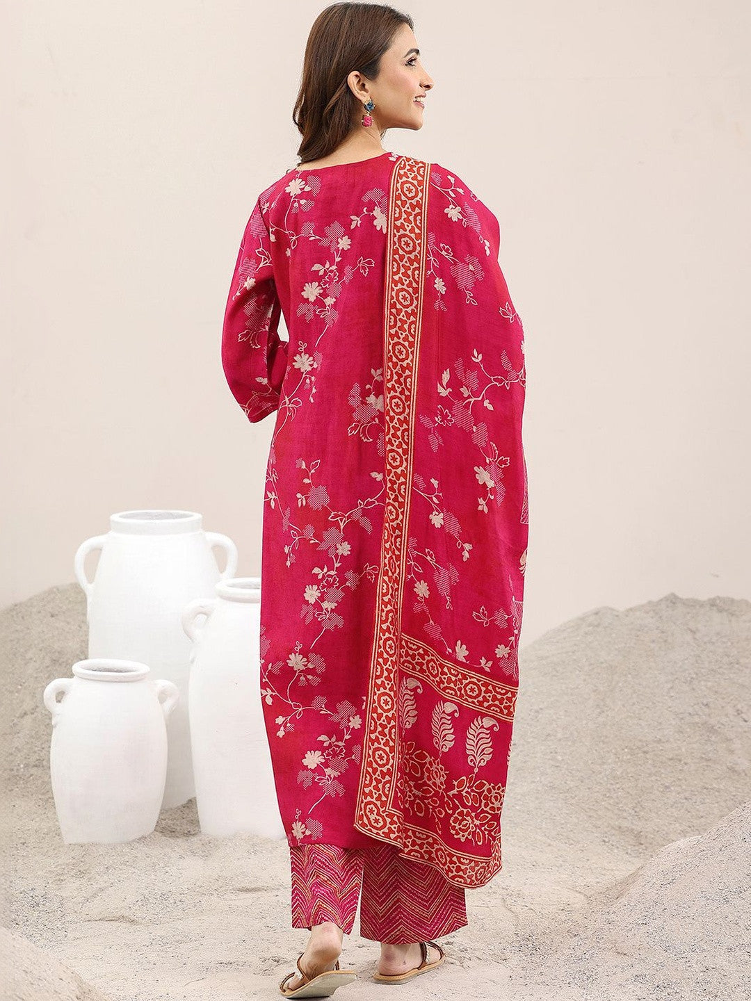 Women Floral Printed Regular Thread Work Kurta with Trousers & With Dupatta