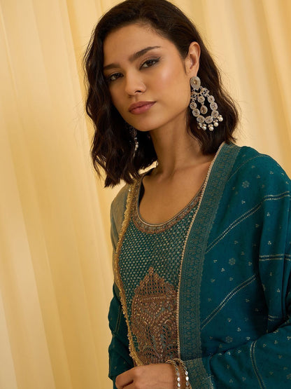 Dhiyona CH Women Woven Design A-Line Kurta with Trousers & Dupatta