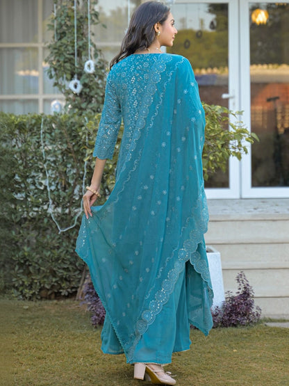 Dhiyona HOP Floral Motifs Embroidered Scalloped Short Kurta & Sharara With Dupatta