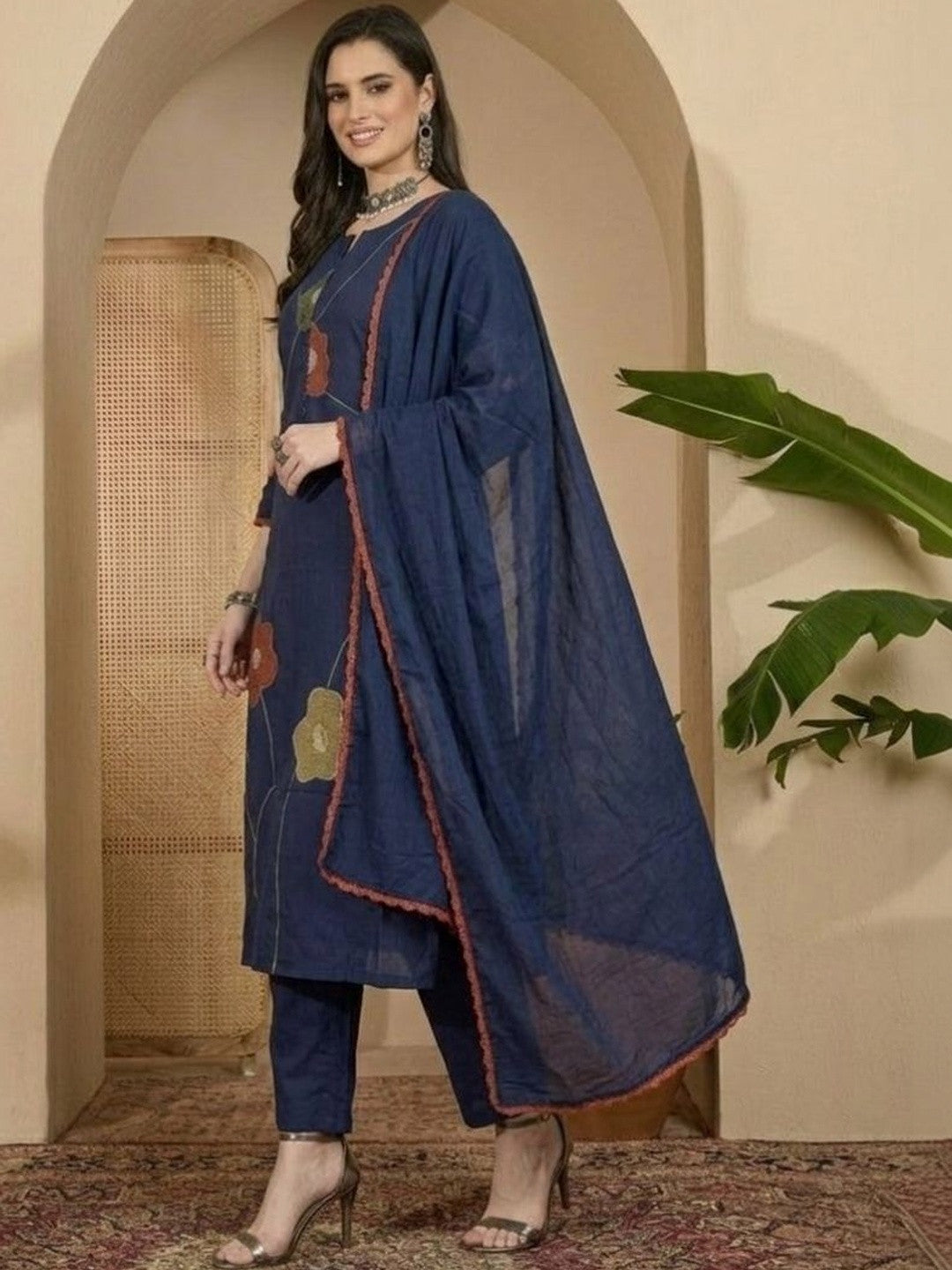 Printed Cotton Round Neck Kurta & Trousers With Dupatta
