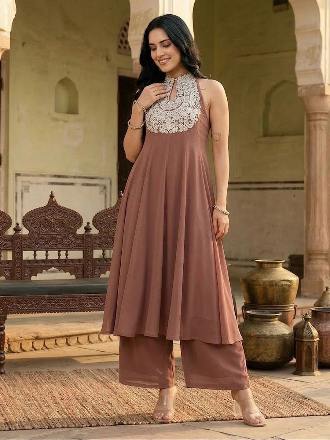 Camel Brown Floral Embroidered Panelled Silk Georgette Anarkali Kurta With Trouser