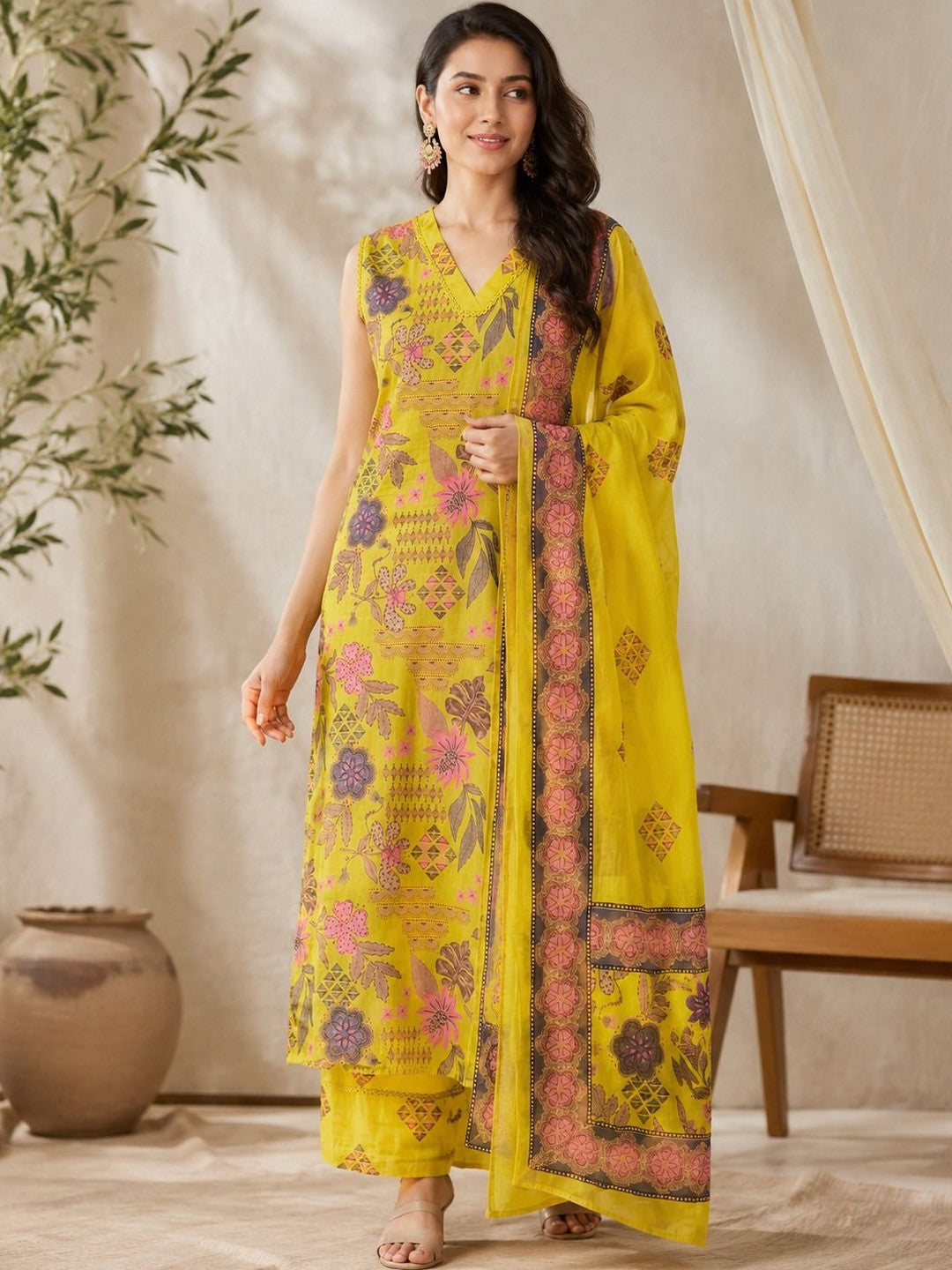 Women Floral Printed Regular Pure Cotton Kurta with Palazzos & With Dupatta