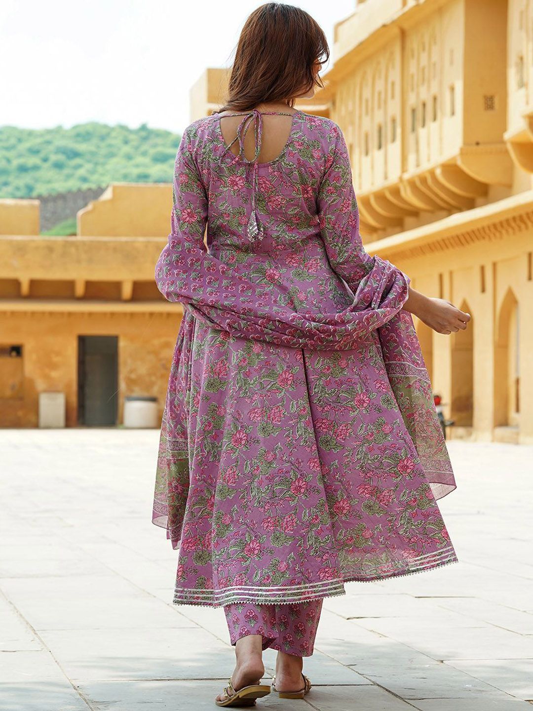 Dhiyona KL Floral Printed Gotta Patti Pure Cotton Anarkali Kurta With Trousers & Dupatta