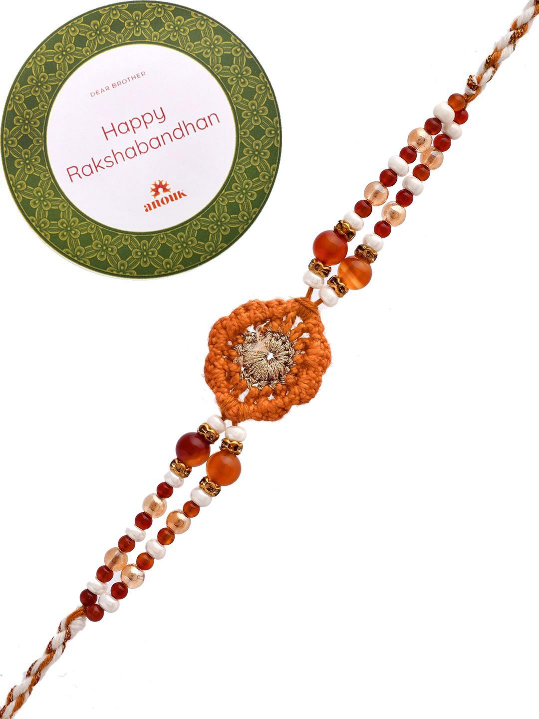 Dhiyona Brown Wool Knitted & Beaded Rakhi With Roli Chawal & Greeting Card