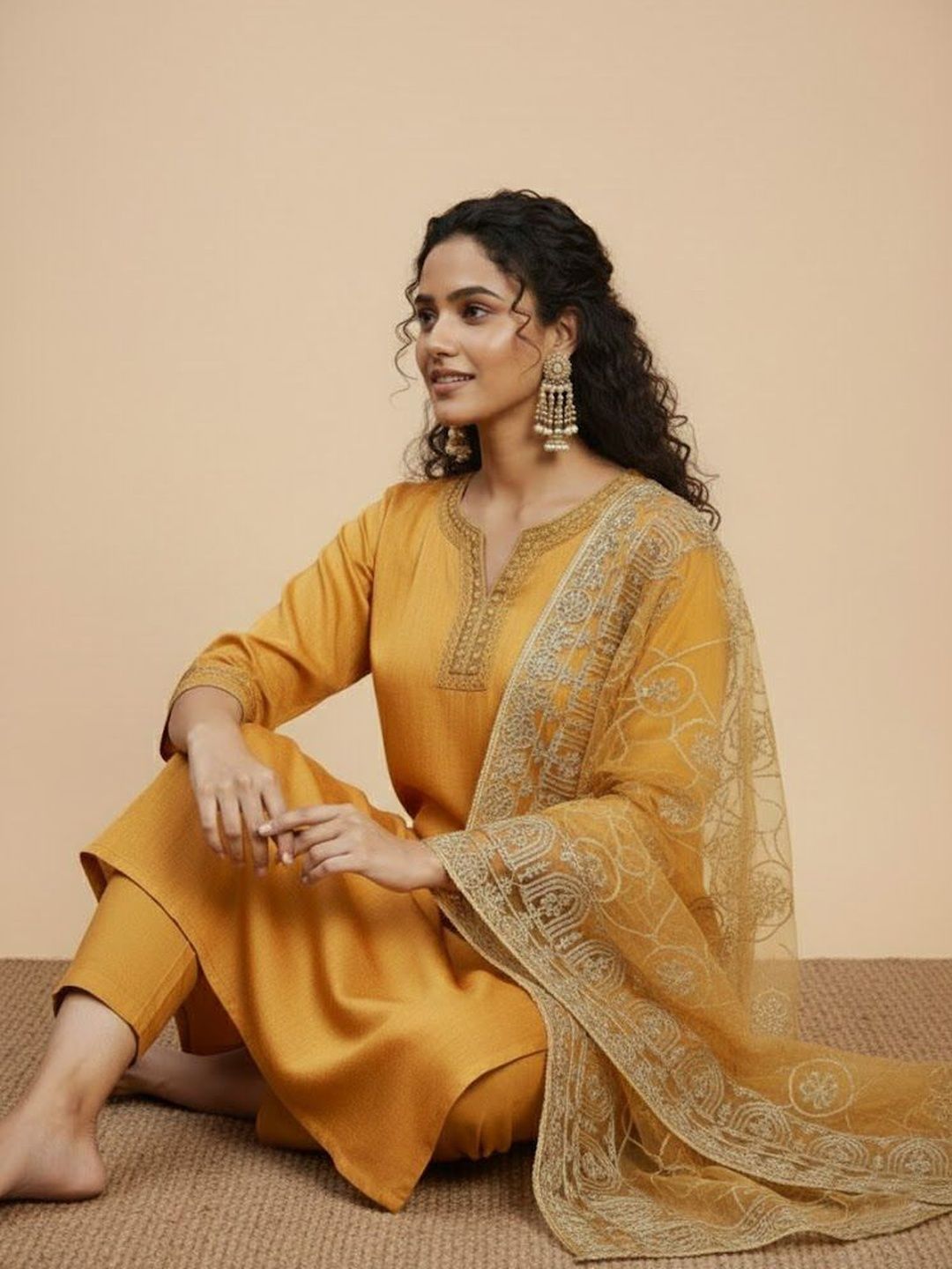 Dhiyona HOP Embroidered Round-Neck Straight Kurti & Sharara With Dupatta