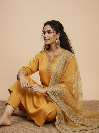 Dhiyona HOP Embroidered Round-Neck Straight Kurti & Sharara With Dupatta