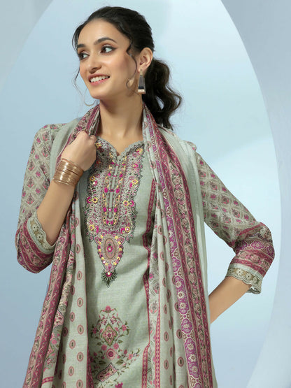 Women's LB Grey Printed Linen Straight Suit With Dupatta