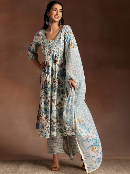 Women Floral Printed Empire Kurta with Trousers & With Dupatta