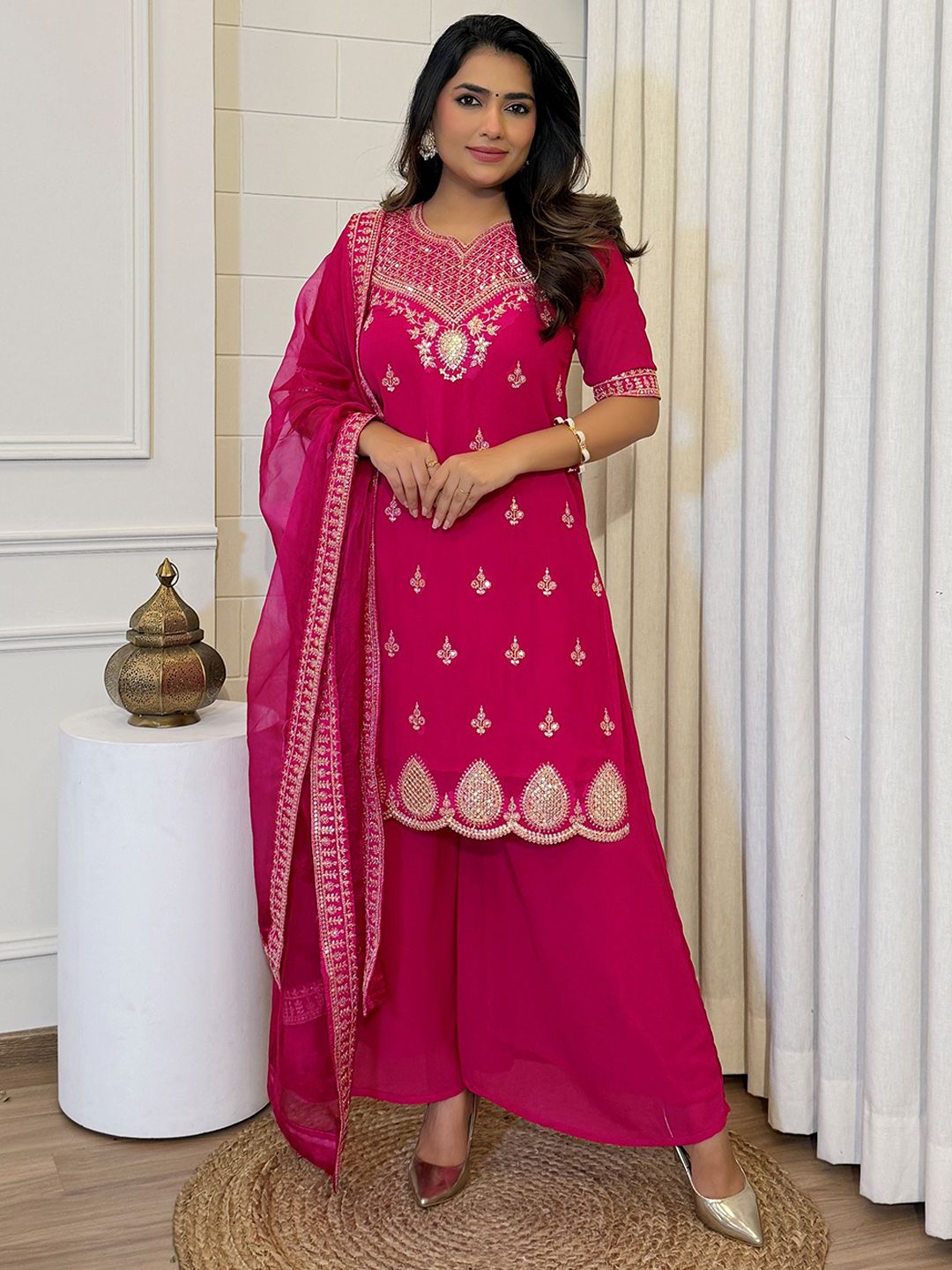 Dhiyona KL Ethnic Motifs Embroidered Sequinned Georgette Straight Kurta With Sharara & Dupatta