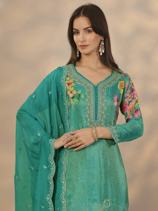 Women Floral Printed Regular Thread Work Silk Crepe Kurta with Trousers & With Dupatta