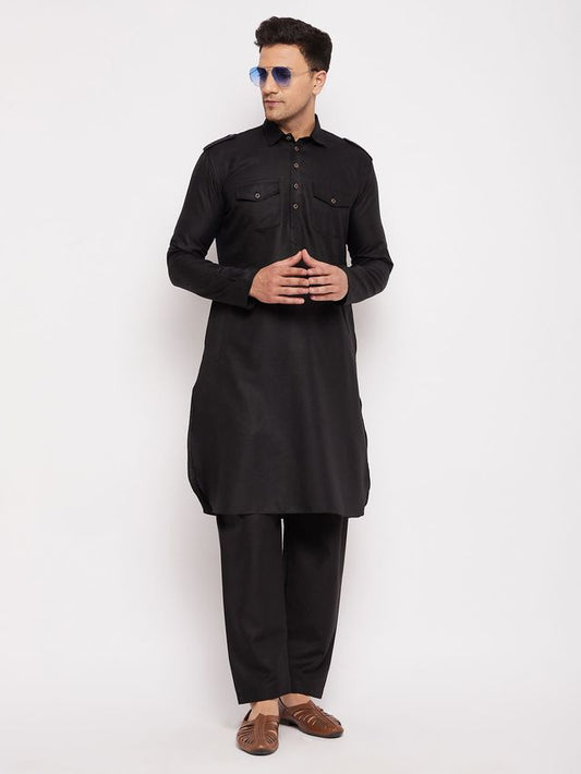 Men's Black Cotton Blend Pathani Pathani Kurta Set