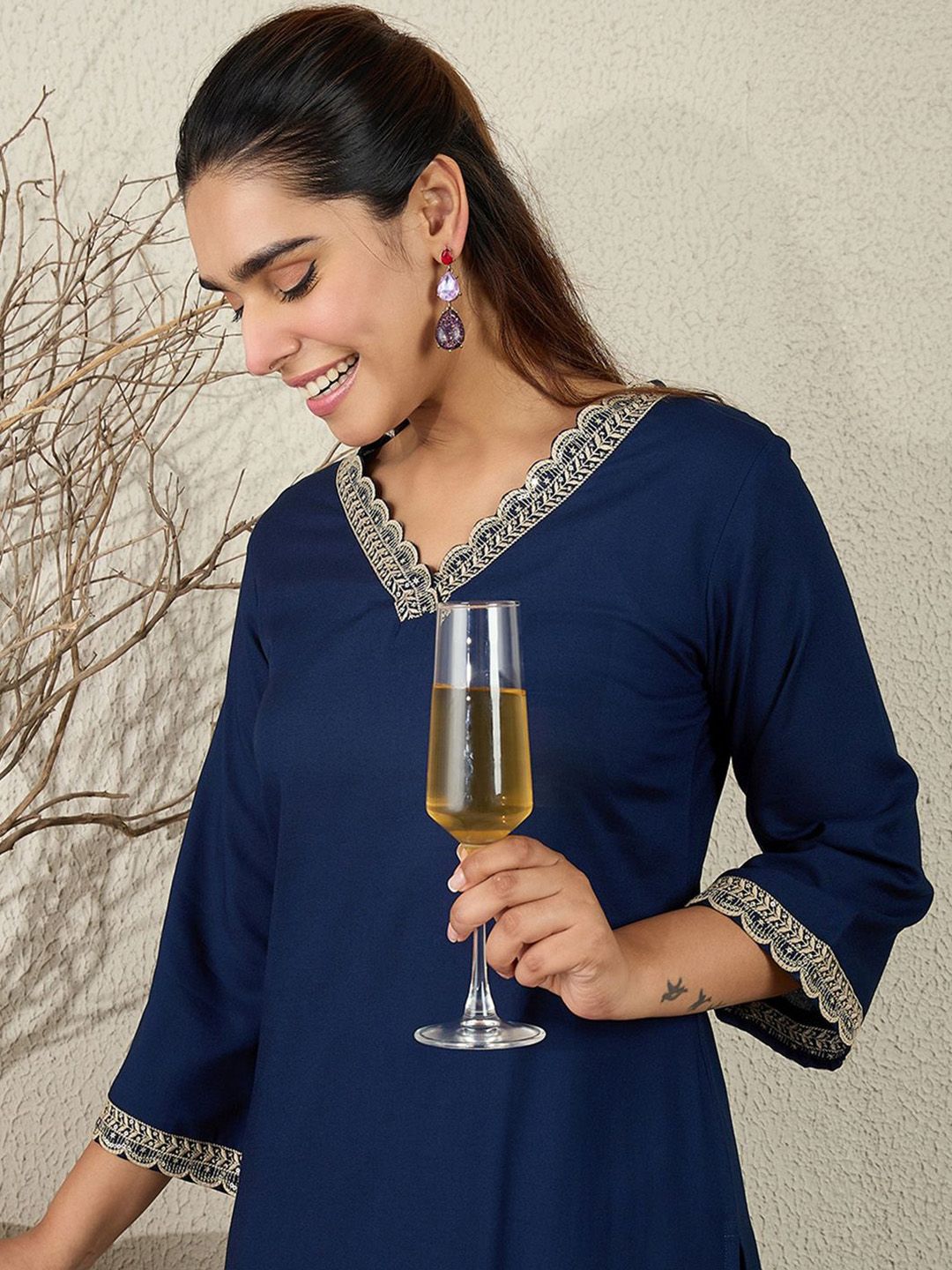 Dhiyona IE Women Ethnic Motifs Embroidered V-Neck Regular Sequinned Kurta with Trousers