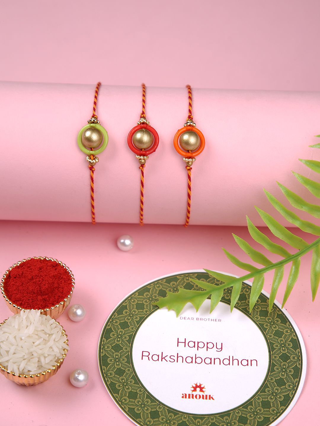 Dhiyona Gold Toned Set Of 3 Beaded Thread Rakhis With Roli Chawal & Greeting Card