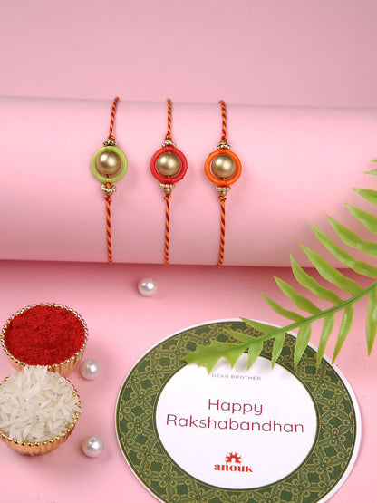 Dhiyona Gold Toned Set Of 3 Beaded Thread Rakhis With Roli Chawal & Greeting Card
