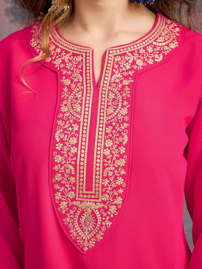 Dhiyona HOP Floral Embroidered Notch Neck Georgette Kurta & Sharara With Dupatta