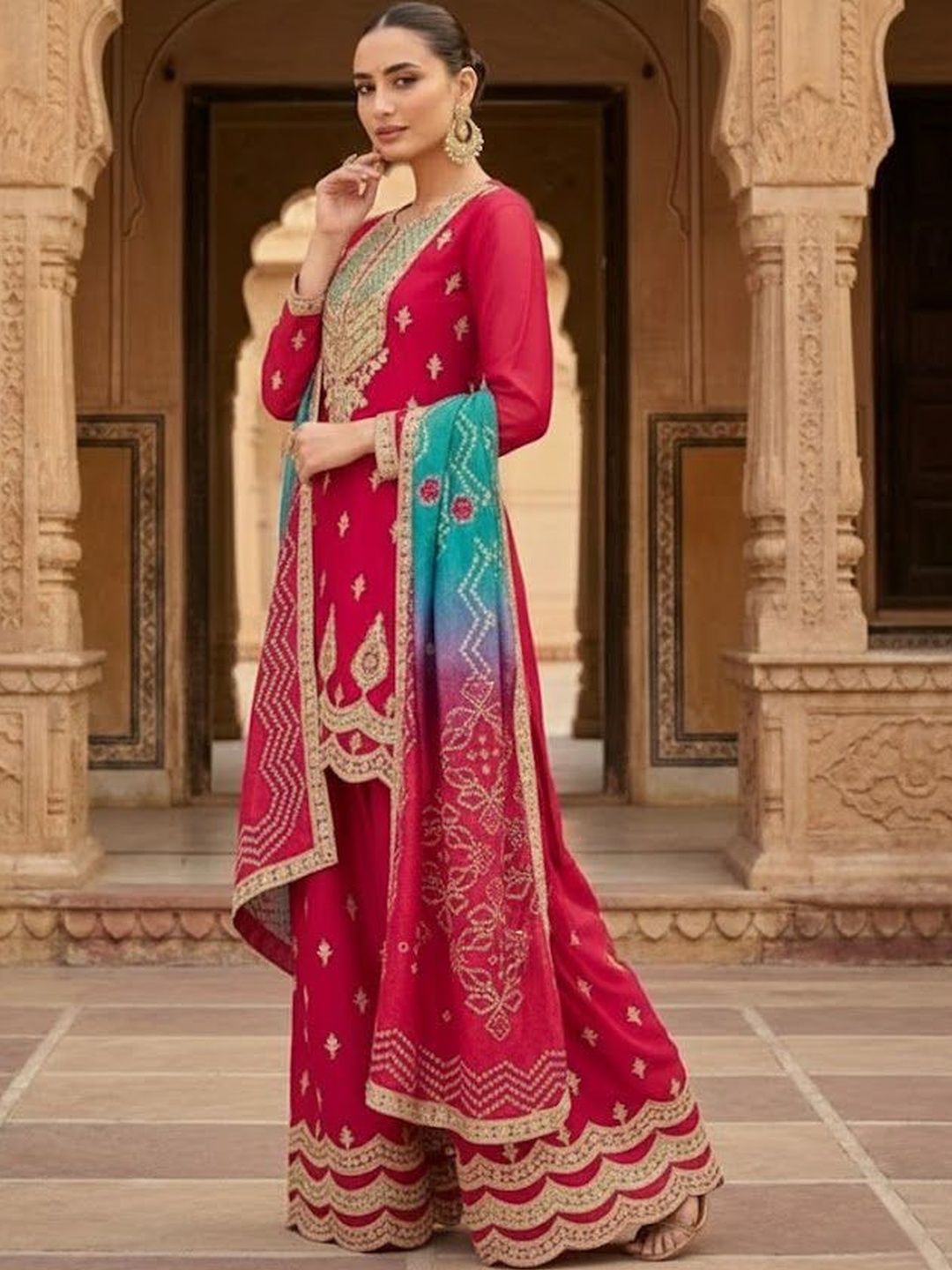 Dhiyona HOP Embroidered Round Neck Kurta & Sharara With Dupatta