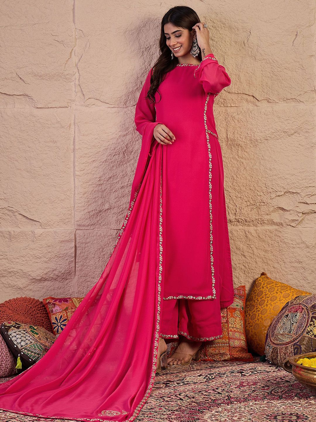 Dhiyona IN Women Floral Embroidered Regular Thread Work Kurta with Palazzos & Dupatta