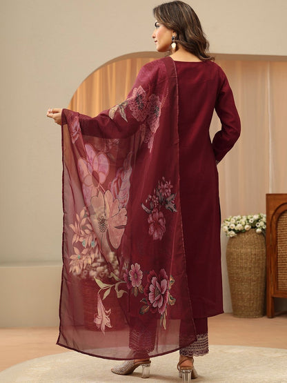 Cardinal Red Yoke Design Straight Suit Set