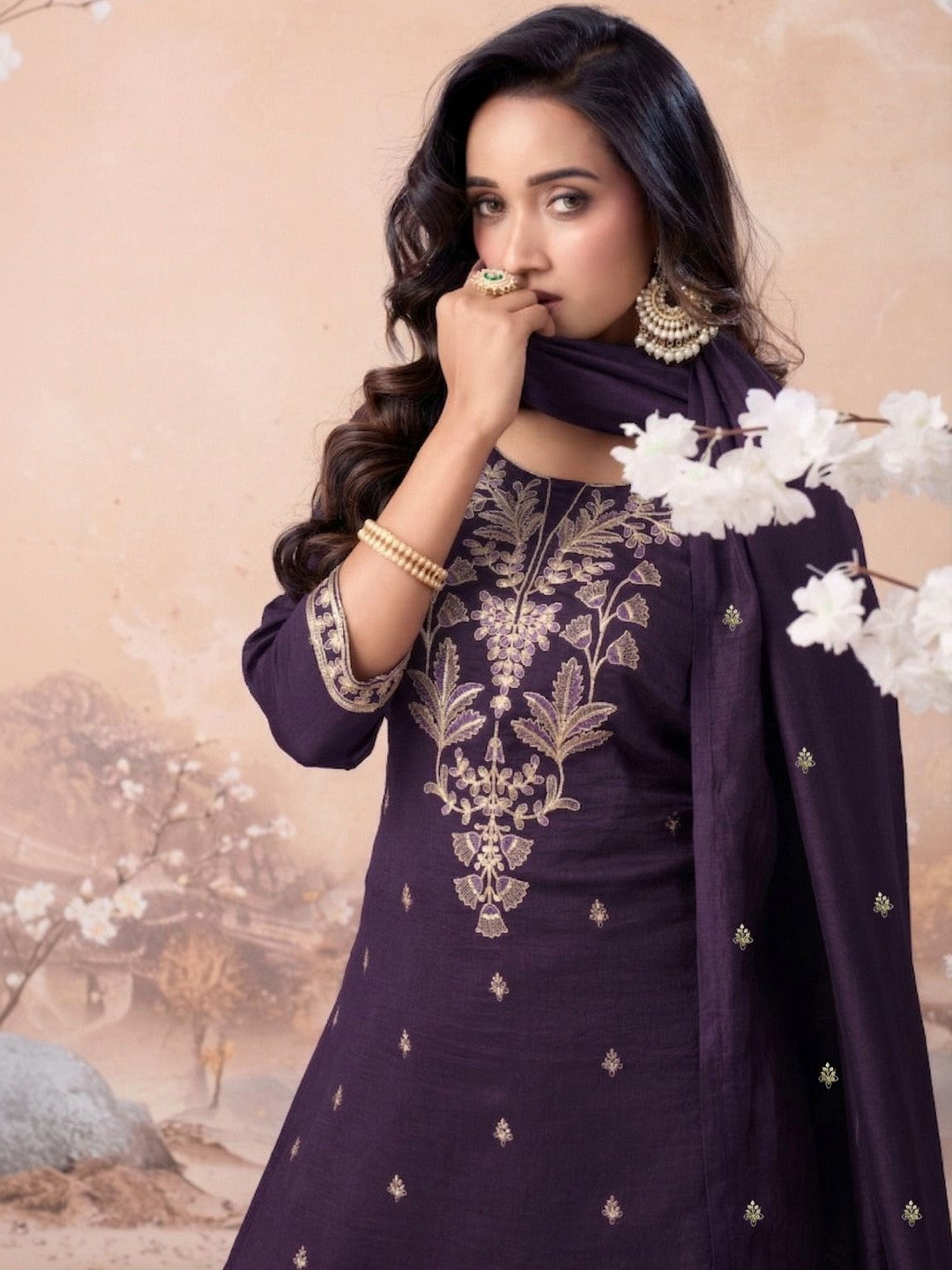 Embroidered Silk Blend Round Neck Kurta & Sharara With Dupatta