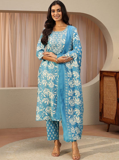 Blue Floral Printed Cotton Straight Suit Set