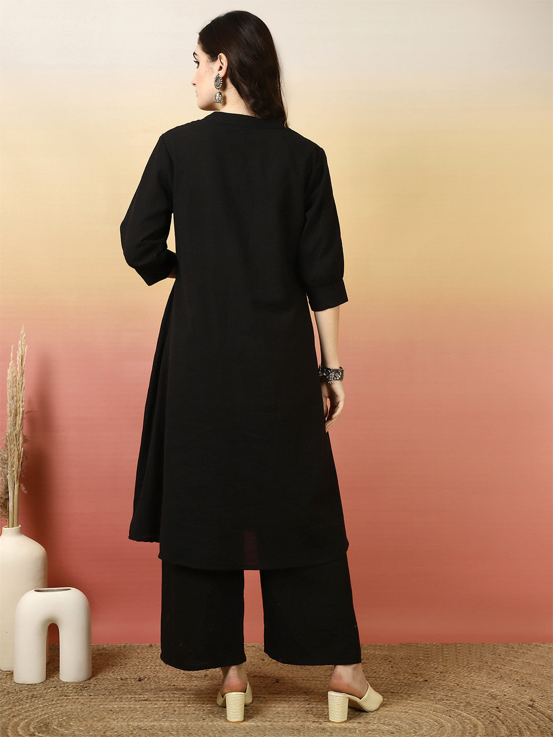 Black Ethnic Motifs Printed Notch Neck Pure Cotton Straight Kurta With Palazzo