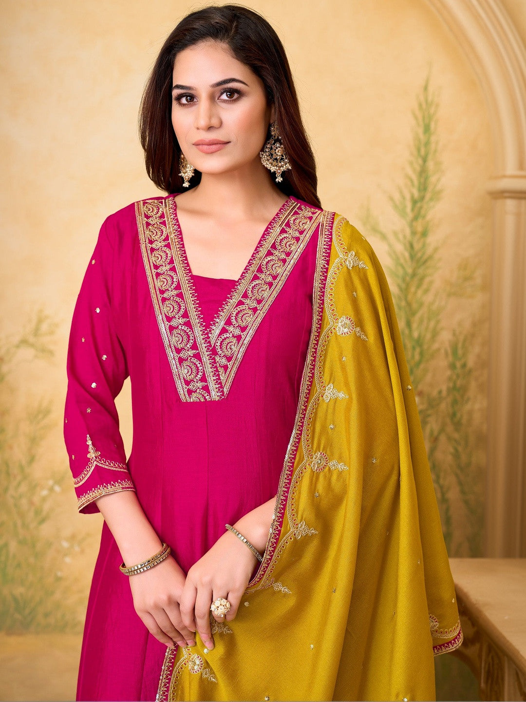 Embroidered V-Neck Kurta & Trousers With Dupatta