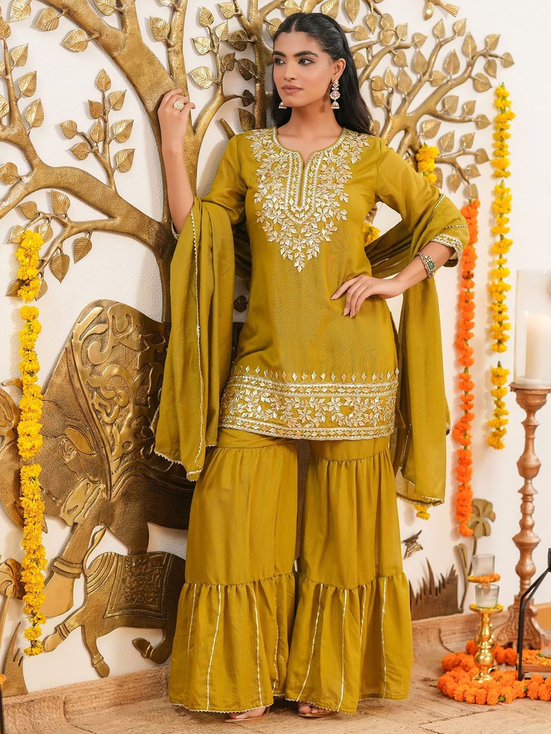 Dhiyona SC Women Ethnic Motifs Embroidered Kurta with Sharara & Dupatta